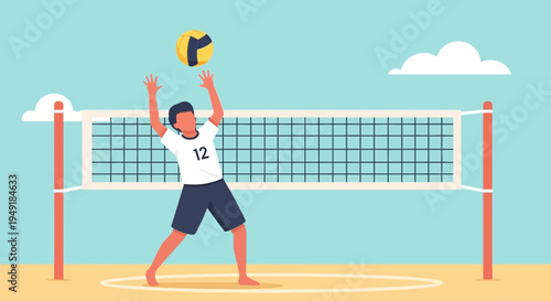 Male volleyball player in a white jersey spiking the ball over the net.