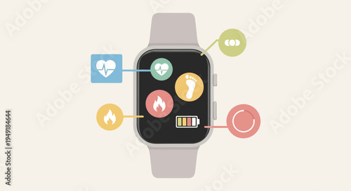 Modern smartwatch with health and fitness tracking application icons on the screen.