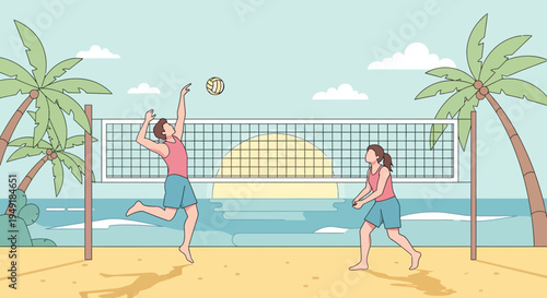 Man and woman playing a competitive game of beach volleyball.