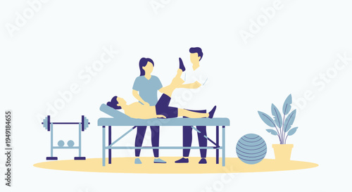 Physical Therapists Assisting a Patient with Leg Rehabilitation Exercises.