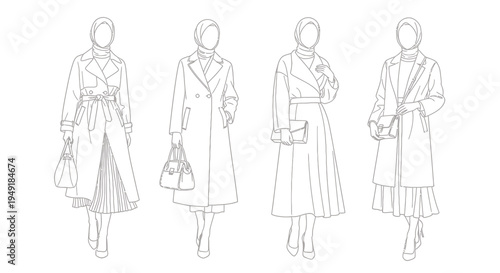 Fashion Illustration Line Art: Hijabi Women in Elegant Coats and Bags