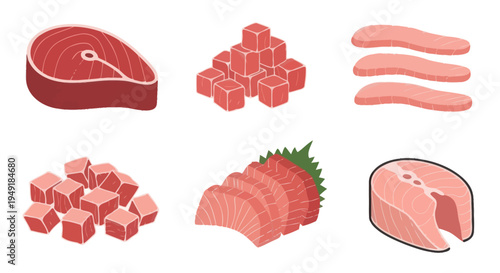 Flat Illustration of Raw Fish Cuts: Steak, Cubes, Slices, and Sashimi