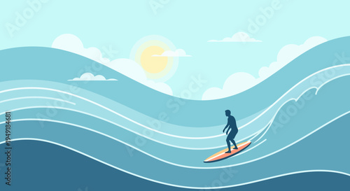 Silhouette of a lone surfer riding a large stylized ocean wave.