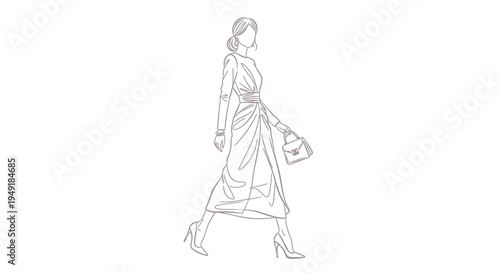Fashion Line Art of Woman in Elegant Dress Walking with Handbag