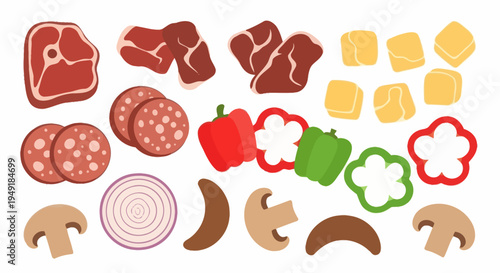 Flat Illustration of Raw Meat, Sausage, Peppers, Onion, Mushrooms, and Cheese Cubes
