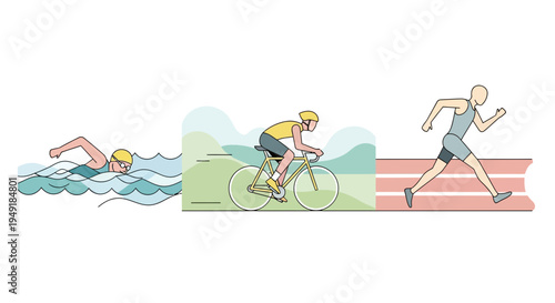 Triathlon competition sequence with swimming cycling and running athletes.