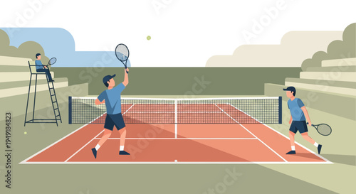 Two men playing a competitive tennis match with an umpire watching.