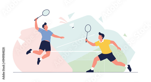 Two male athletes engaged in a dynamic badminton match illustration.