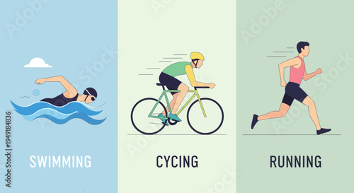 Triathlon sports concept with swimming cycling and running athletes vector illustration set.
