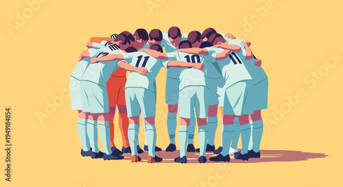United soccer team in a pregame huddle illustration.