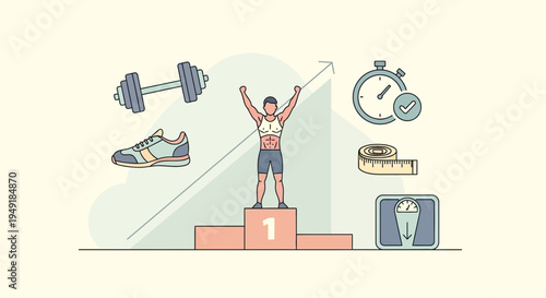 Victorious athlete celebrates on the winners podium surrounded by fitness icons.