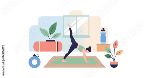 Woman practicing yoga in a onelegged downward dog pose illustration.
