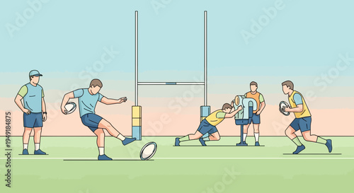 Vector illustration of rugby players during a competitive match on the field.