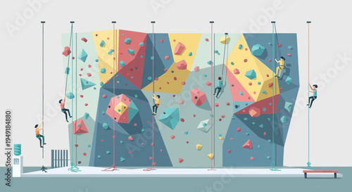 Vibrant indoor rock climbing gym with athletes scaling colorful walls.