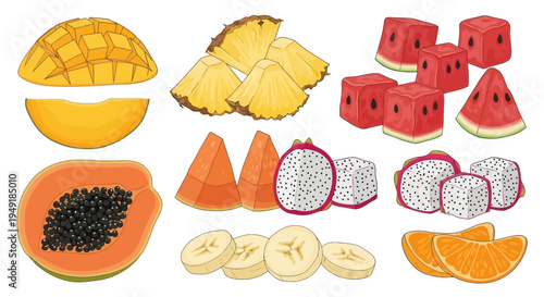 Flat Design Fruit Assortment: Mango, Pineapple, Watermelon, Papaya, Dragon Fruit, Banana, Orange