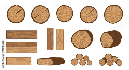 Vector Set of Wood Logs and Planks, Rustic Flat Style