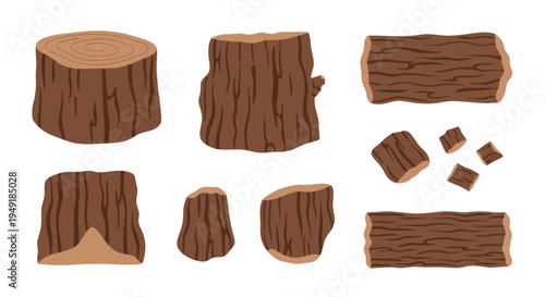 Wooden tree stumps and logs, flat vector illustration