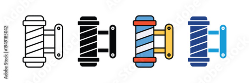 Classic barbershop pole icon set. Traditional barber service, hair salon, and male grooming parlor symbols. Vector Illustration.