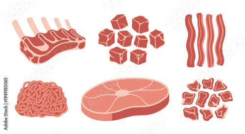 Flat Design Vector Meat Cuts Icons Set: Ribs, Steak, Bacon, Ground