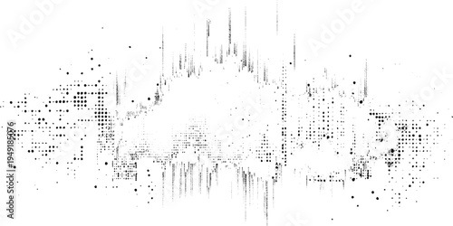 Abstract background. Monochrome texture. Extreme close-up of scattered black ink specks and faint diagonal hatch marks printed. Vector design.