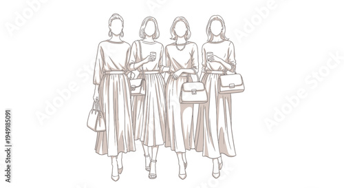 Fashionable Women In Long Dresses With Handbags, Black And White Line Art