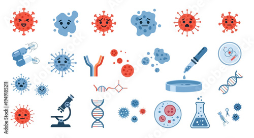 Medical Science Viruses Microscopic DNA Research Flat Style Icons Set