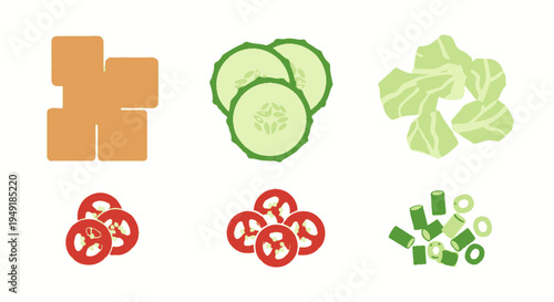 Flat illustration of food ingredients: crackers, cucumber, cabbage, tomato, spring onions