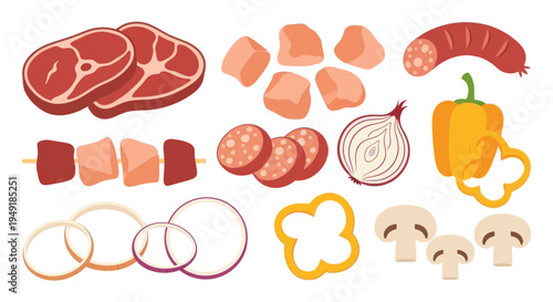 Flat Style Food Ingredients: Meat, Vegetables, Sausage, Mushrooms