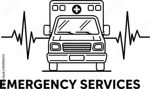 Ambulance emergency services vector illustration with medical cross, ECG heartbeat lines, healthcare transport symbol, and urgent medical response design concept