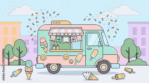 Cute pastel ice cream truck vector scene with colorful sprinkles and treats on a sunny day in a city