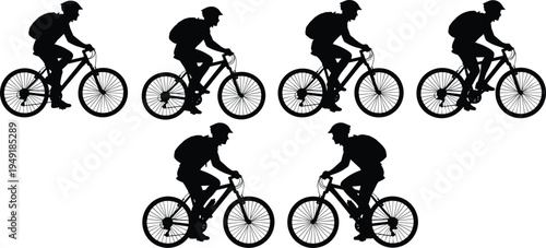 Cyclist silhouette set, mountain bike rider with backpack icons, professional bicycle courier vector, outdoor cycling sport activity, black biking illustrations.