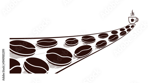 Journey to the Perfect Brew: A creative illustration depicts a coffee bean trail leading to a steaming cup of coffee, symbolizing the path from raw ingredient to the perfect cup.