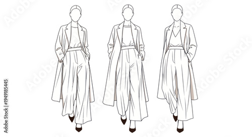 Fashion sketch of women in wide-leg pants and coats