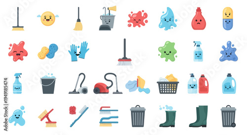 Cleaning and Housekeeping Icons Set, Flat Vector Style