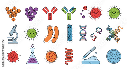 Cute Cartoon Medical Bacteria, Viruses, DNA, Lab Equipment Vector Icons