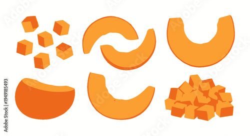 Fresh Sliced Pumpkin and Cubes Food Icon Flat Design