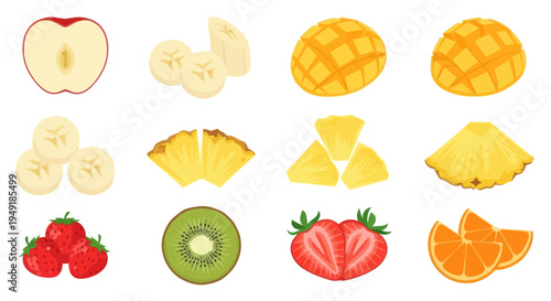 Flat Design Fruit Collection Icons - Apple, Banana, Mango, Pineapple, Kiwi, Strawberry