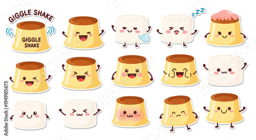 Cute Cartoon Pudding and Marshmallow Characters with Funny Expressions Vector