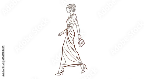 Elegant Woman in Flowing Dress and Handbag, Line Art Fashion Illustration