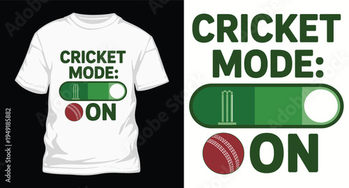 Cricket mode on white tshirt design with sport ball and toggle switch button