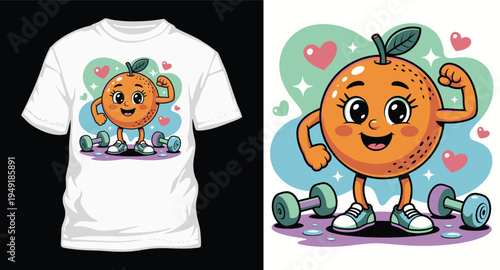 Cute cartoon orange character flexing muscles with dumbbells, health and fitness theme