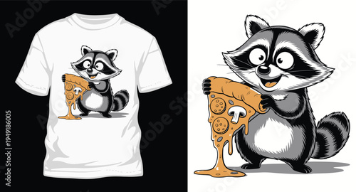 Cute cartoon raccoon holding a cheesy pizza slice, animal character t-shirt design for kids and food lovers