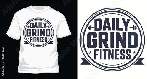 Daily grind fitness vintage style typography t-shirt design with ribbon and barbell icons