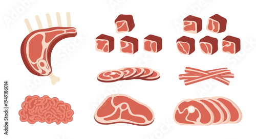 Flat Illustration of Raw Meat Cuts: Beef, Lamb, Bacon, Cubes, Minced