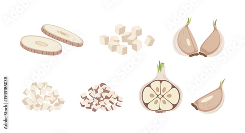 Garlic Food Ingredient Illustration - Chopped, Sliced, Whole, and Cloves Flat Design