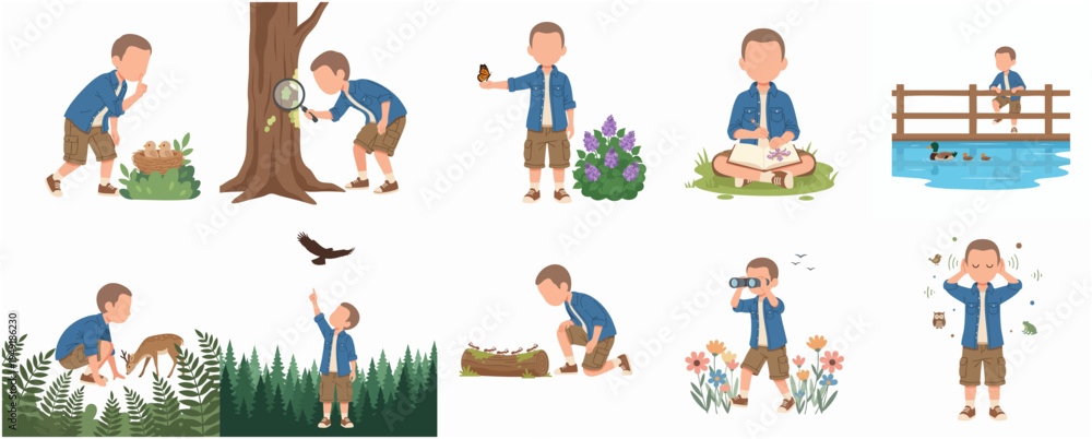 Fototapeta premium Flat Illustration Boy Character Exploring Nature And Wild Life Activities Set