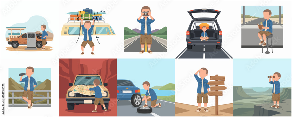 Fototapeta premium Detailed Flat Illustration of Man on Road Trip and Adventure Activities