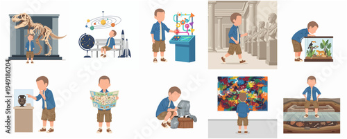 Flat Style Boy Exploring Various Exhibits Inside A Museum Illustration