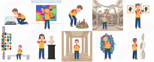 Flat Style Boy Character Enjoying Cultural and Historical Museum Exhibition