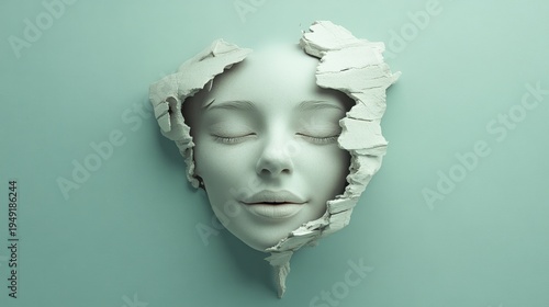 Minimalist surreal portrait of a smiling face with oversized eyes floating apart, simple pastel background, subtle playful distortions, clean lines, soft shadows